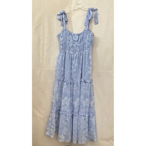 Trixxi Milkmaid Tiered Maxi Dress L Blue Floral Tie Strap Smocked Ruffle Peasant - Picture 12 of 13